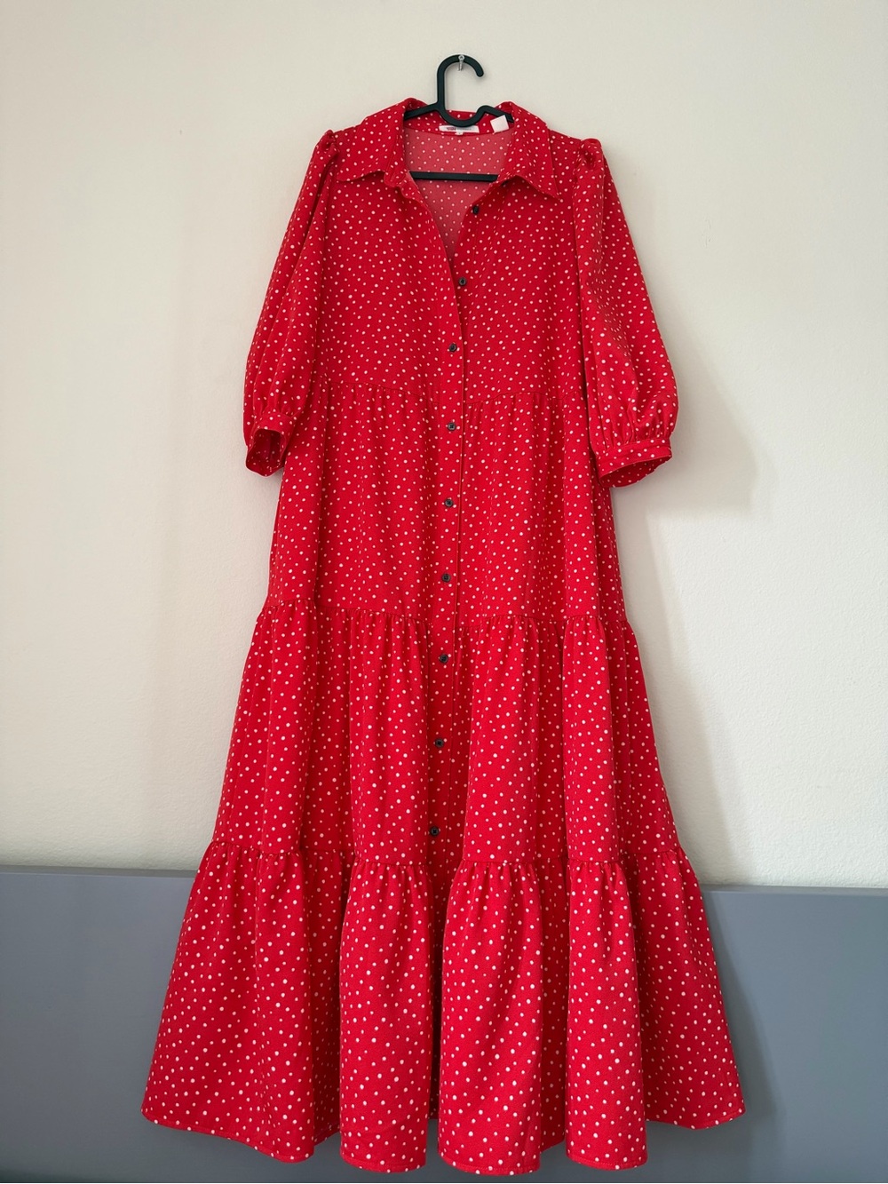 Levi’s Red Polka Dot Tiered Button Front Maxi Dress Size S